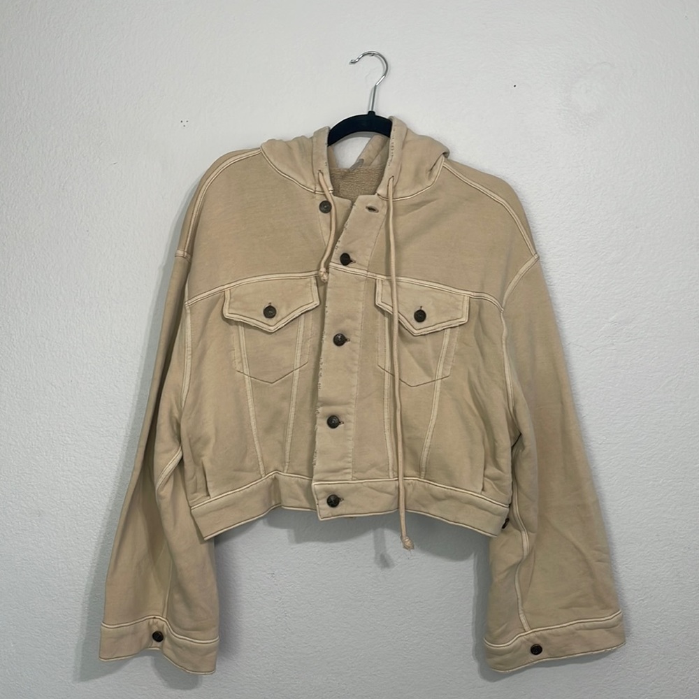 Free people cream cropped button up jacket with hood